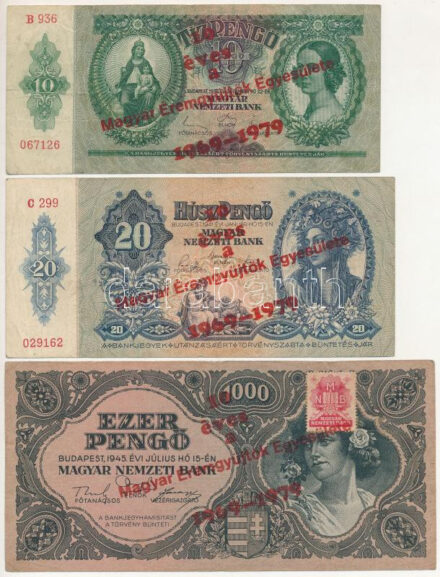 1936. 10P + 1941. 20P + 1930. 100P + 1945. 1000P + 1945. 10.000P + 1945. 1.000.000P mind '10 éves a Magyar Éremgyűjtők Egyesülete 1969-1979' felülbélyegzéssel T:III Adamo FF6.1.2, FF6.1.4, FF6.1.6, FF6.1.10, FF6.1.12, FF6.1.14