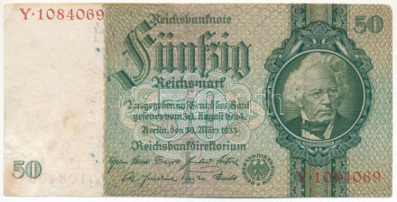 Német Harmadik Birodalom 1933. 50M 'Y 1084069' T:III German Third Reich 1933. 50 Reichsmark 'Y 1084069' C:F Krause P#182