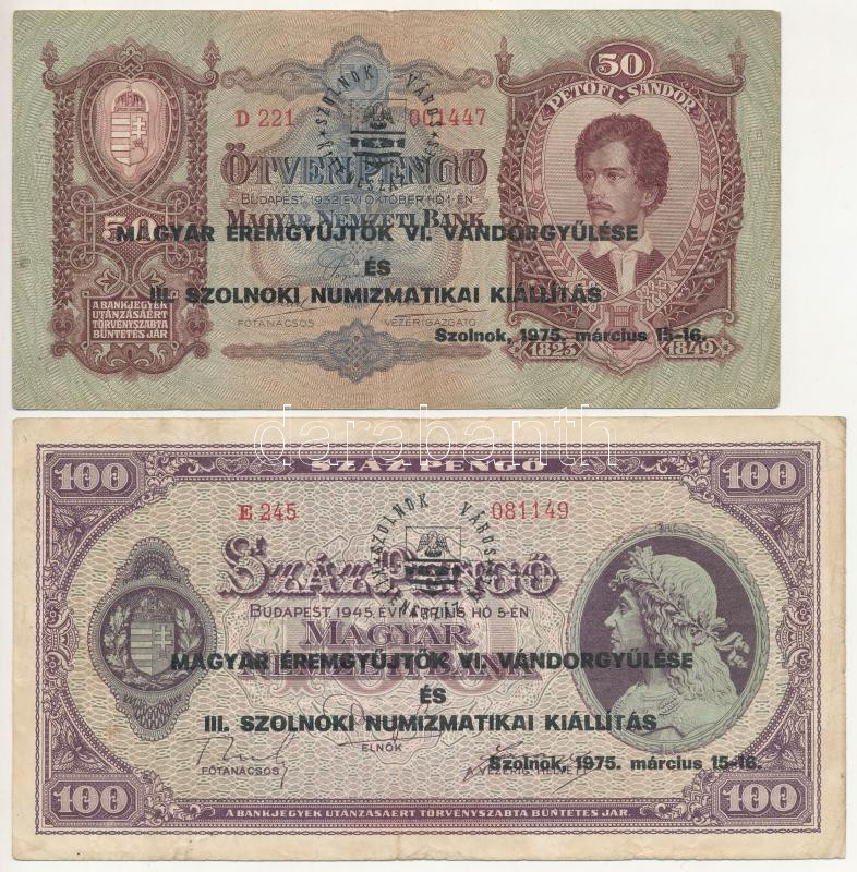 1936. 10P + 1941. 20P + 1932. 50P + 1945. 100P mind 'Magyar Éremgyűjtők VI. vándorgyűlése és III. Szolnoki Numizmatikai Kiállítás' felülbélyegzéssel T:III Adamo FO35.3.1, FO35.3.2, FO35.3.3, FO35.3.5 - Image 3