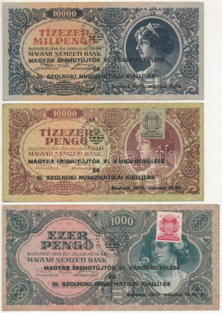 1945. 1000P + 1945. 10.000P + 1945. 100.000P + 1945. 10.000.000P + 1946. 10.000MP mind 'Magyar Éremgyűjtők VI. vándorgyűlése és III. Szolnoki Numizmatikai Kiállítás' felülbélyegzéssel T:II-III Adamo FO35.3.7, FO35.3.7,9, FO35.3.10,