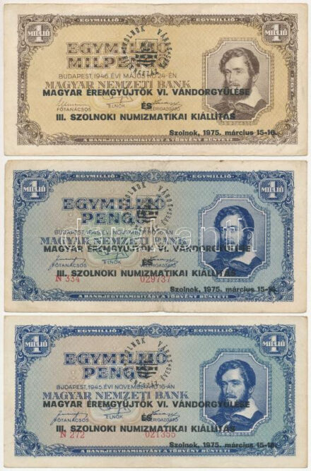 1945. 1.000.000P (2x) + 1946. 100.000.000P + 1946. 1.000.000MP + 100.000.000MP 'Magyar Éremgyűjtők VI. vándorgyűlése és III. Szolnoki Numizmatikai Kiállítás' T:I--III Adamo FO35.3.11, FO35.3.1, FO35.3.17, FO35.3.18