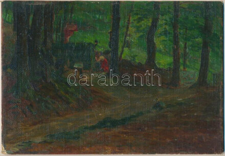 Olvashatatlan jelzéssel (Péczely Antal?): Erdei ima. Olaj, vászon, kartonra kasírozva. 20x28,5 cm