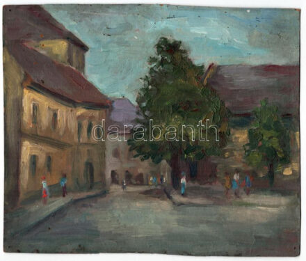 Jelzés nélkül: Sétálók. Olaj, karton. 21x25 cm