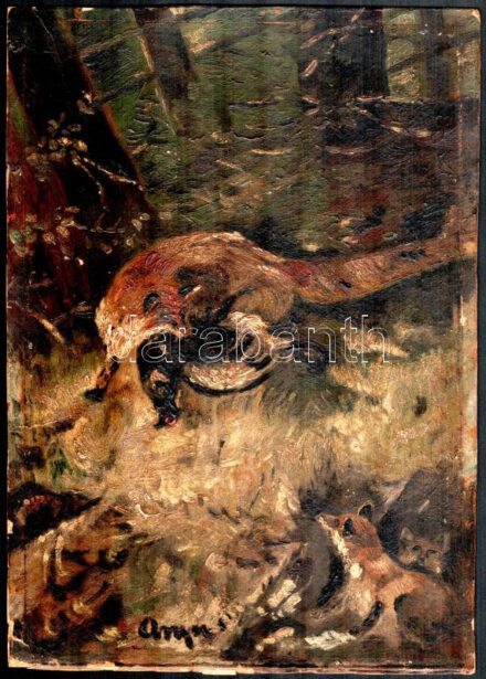 Olvashatatlan jelzéssel: Róka a zsákmányával. Olaj, karton. 32,5x23 cm