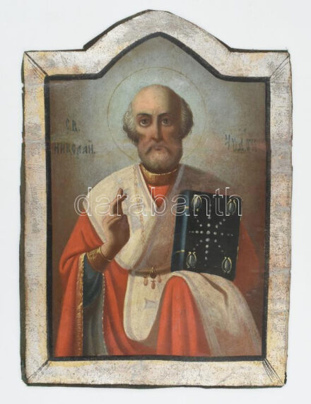 Jelzés nélkül, XIX. sz. második fele: Ortodox szentkép, kétoldalas, Szent Miklós és Jézus angyallal. Tempera, karton. Kissé sérült (törésnyom). 40x28,5 cm