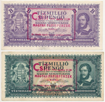 1945. 1.000.000P + 1945. 10.000.000P + 1946. 1.000.000BP + 1946. 10.000.000BP mind 'Csili Magyar Papírpénzek c. kiállítás - Dr. Bázlik László György gyűjteményéből' felülbélyegzéssel T:II-III Adamo FF3.1.1, FF3.1.2, FF3.1.5, FF3.1.6