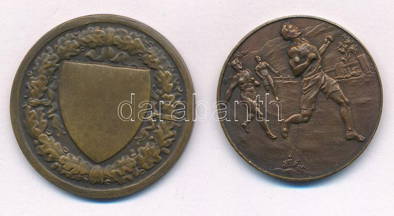 ~1930. 'Az Óbudai Torna Egylet verseny díja' kétoldalas bronz atlétikai díjérem (30mm) + Berán Lajos (1882-1943) 'Budapesti (Budai) Torna Egylet - 1869' kétoldalas bronz díjérem (33mm) T:2 patina - Image 2