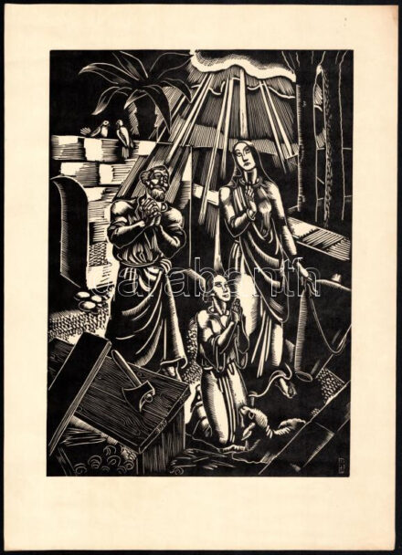 Dallos Hanna (1907-1944): 'Szenteltessék meg a te neved', fametszet, papír, jelzett a dúcon, 28,5x20,5 cm