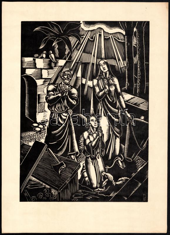 Dallos Hanna (1907-1944): 'Szenteltessék meg a te neved', fametszet, papír, jelzett a dúcon, 28,5x20,5 cm