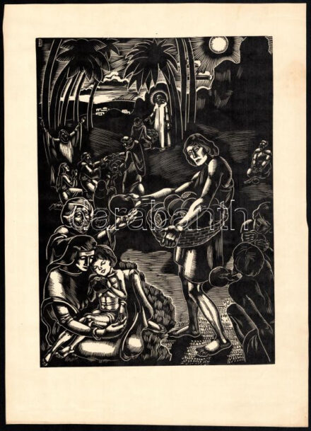 Dallos Hanna (1907-1944): 'Mindennapi kenyerünket', fametszet, papír, jelzett a metszeten, 28,5x20,5 cm