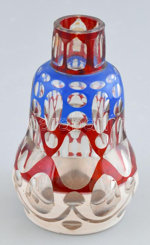 Csiszolt színes üvegcse. Többrétegű, dugó nélkül. 12 cm