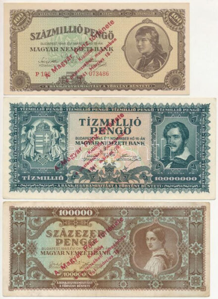1941. 20P + 1945. 500P + 1945. 100.000P +1945. 10.000.000P + 1946. 100.000.000P mind 'A Magyar Pénz története kiállítás a pesterzsébeti múzeumban 1961. március 18' felülbélyegzéssel TI--III Adamo FF11.1.2, FF11.1.6, FF11.1.9, FF11.1.11m