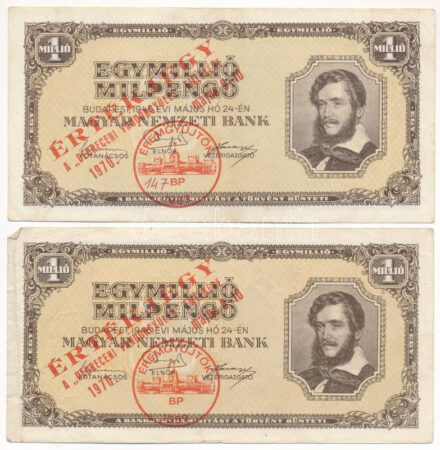 1946. 1.000.000MP (4x) 'Értékjegy a debreceni vándorgyűlés emlékére 1970. május 9-10' felülbélyegzéssel T:III Adamo FO7.1.1