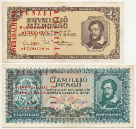 1945. 1000P + 1945. 1.000.000P + 1945. 10.000.000P + 1946. 1.000.000MP mind 'Forradalmaink Pénzei Kiállítás Kecskemét, 1969. március 23-30' felülbélyegzéssel T:I--III Adamo FF12.1.10, FF12.1.14, FF12.1.16, FF12.1.22