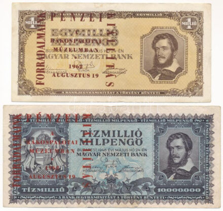 1946. 100.000MP (2x) + 1946. 1.000.000MP + 1946. 10.000.000MP mind 'Forradalmaink Pénzei Kiállítás Kecskemét, 1969. március 23-30' felülbélyegzéssel T:III Adamo FF12.1.21, FF12.1.24, FO12.1.13