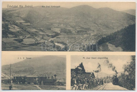 Kisilva, Ilva Mica; Kis-Ilvai fűrészgyár, I.L.E. vonat, M. Ilvai vasút megnyitása, vasútállomás, magyar zászló, gőzmozdony. Atelier Häusler (Bistritz) / sawmill, industrial railway, train, opening ceremony of the railway station with