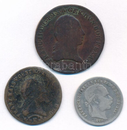 1800E 3kr Cu 'I. Ferenc' Gyulafehérvár + 1812E 1kr Cu 'I. Ferenc' Gyulafehérvár + 1870GYF 20kr Ag 'Ferenc József / Váltó Pénz' Gyulafehérvár T:3 patina, az egyiken karc
