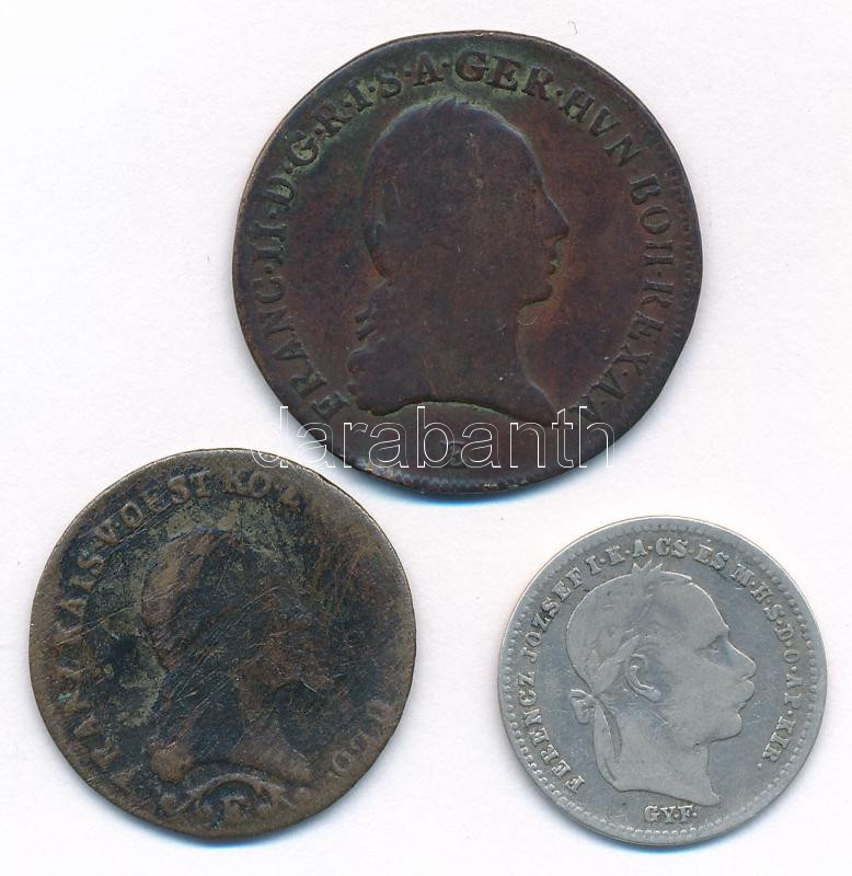 1800E 3kr Cu 'I. Ferenc' Gyulafehérvár + 1812E 1kr Cu 'I. Ferenc' Gyulafehérvár + 1870GYF 20kr Ag 'Ferenc József / Váltó Pénz' Gyulafehérvár T:3 patina, az egyiken karc