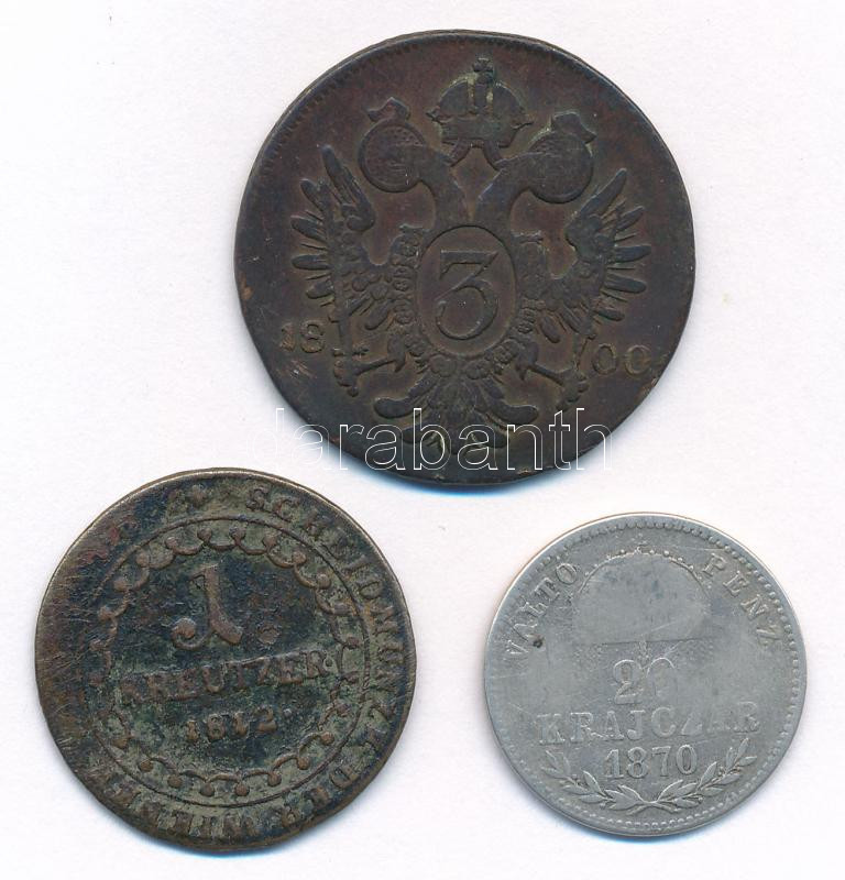 1800E 3kr Cu 'I. Ferenc' Gyulafehérvár + 1812E 1kr Cu 'I. Ferenc' Gyulafehérvár + 1870GYF 20kr Ag 'Ferenc József / Váltó Pénz' Gyulafehérvár T:3 patina, az egyiken karc - Image 2