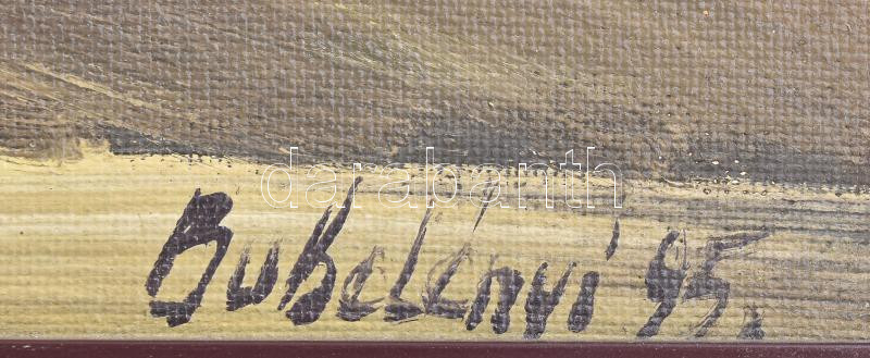 Bubelényi László (1953-): Múló idő. Olaj, farost, jelzett, hátoldalán címkén feliratozott. Dekoratív fakeretben. 50x70 cm - Image 2