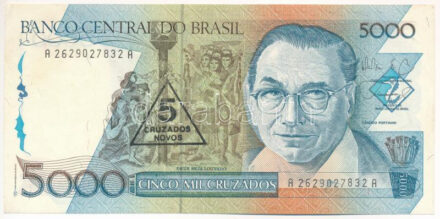 Brazília 1989. 5000C '5 Cruzados Novos' felülbélygzéssel T:I- Brazil 1989. 5000 Cruzados with '5 Cruzados Novos' overprint C:AU Krause P#217