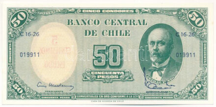 Chile 1960. 50P hátlapon '5c' felülbélyegzéssel T:I,I- Chile 1960. 50 Pesos with '5 Centesimos' overprint on backside C:UNC,AU Krause P#126