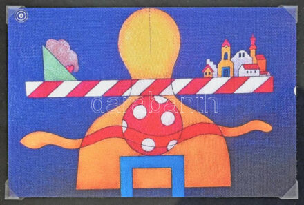 ef.Zámbó (efZámbó) István (1950-): Város pöttyös labdával. Szitanyomat, vászon, hátoldalán jelzett, számozott: 33/50, 12x18 cm.