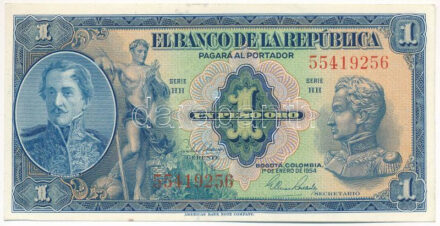 Kolumbia 1954. 1P 'HH 55419256' T:I- Colombia 1954. 1 Peso 'HH 55419256' C:AU Krause P#380g