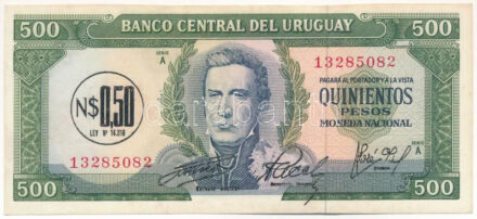 Uruguay 1975. 500P '0,50NP' felülbélyegzéssel T:II Uruguay 1975. 500 Pesos with '0,50 Nuevos Pesos' overprint C:XF Krause P#54