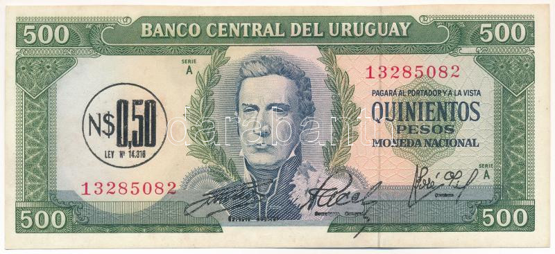 Uruguay 1975. 500P '0,50NP' felülbélyegzéssel T:II Uruguay 1975. 500 Pesos with '0,50 Nuevos Pesos' overprint C:XF Krause P#54