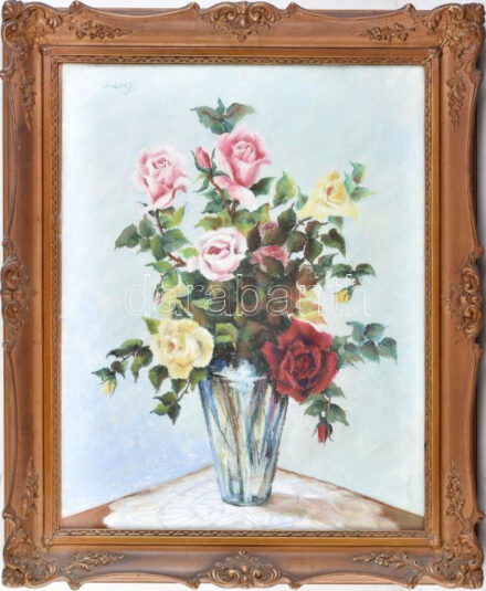 Máté J jelzéssel: Csendélet. Pasztell, papír. Üvegezett, dekoratív fakeretben, 50×40 cm