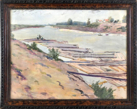 Jeney Zoltán (1899-1967): Vízparton játszó gyerekek. Akvarell, papír. Jelezve jobbra lent. Üvegezett, dekoratív fakeretben, 44×57 cm