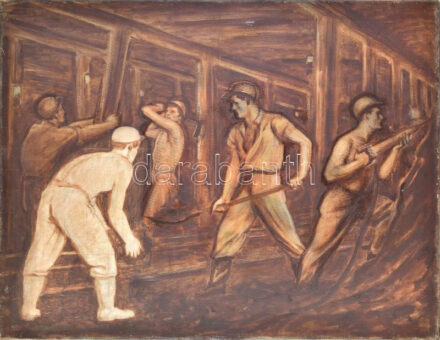 Jelzés nélkül, XX. sz. közepe: Bányászok (szocreál festmény). Olaj, vászon. Kissé sérült. 80x100,5 cm. KIZÁRÓLAG SZEMÉLYES ÁTVÉTEL, NEM POSTÁZZUK! / ONLY PERSONAL COLLECTION AT OUR OFFICE!