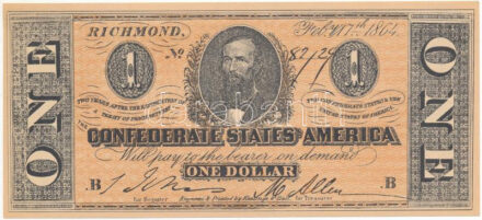 Amerikai Egyesült Államok / Konföderációs Államok 1864.1$ hátoldalán jelzett replika bankjegy T:I- USA / Confederate States 1864. 1 Dollar marked replica banknote C:AU