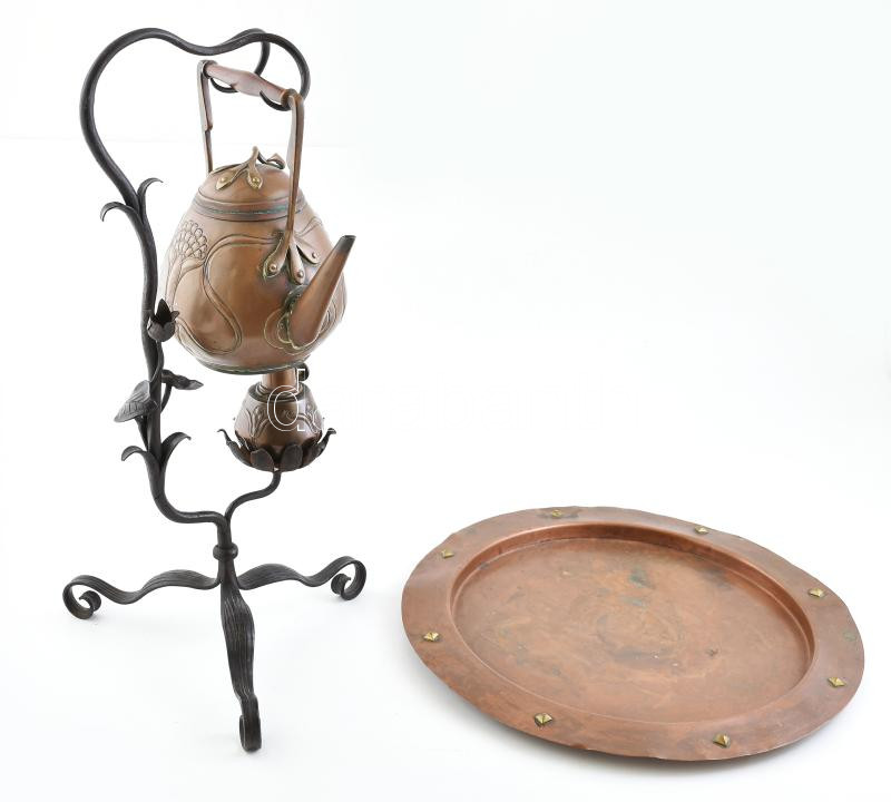 WMF bécsi 'szamovár' tálcával, réz, kovácsoltvas, jelzett, korának megfelelő állapotban. m: 53 cm, d: 39 cm