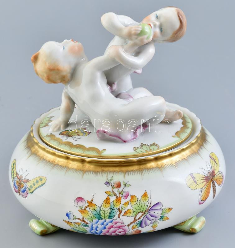 Herendi Viktória mintás barokkos bonbonier, jelzett, kopott, d: 19 cm, m: 16 cm