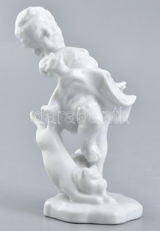 Herendi fehérmázas figura, kislány macskával, jelzett, kopott, m: 11,5 cm