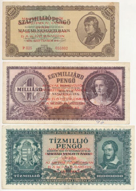 1945. 1000P + 1945 10.000P + 1945. 10.000.000P + 1946. 100.000.000P + 1946. 1.000.000.000P mind 'Magyar Éremgyűjtők Egyesületének IV. Vándorgyűlése az 1000 éves Esztergomban és a 100 éves Budapesten 1973. szeptember 8-9.'