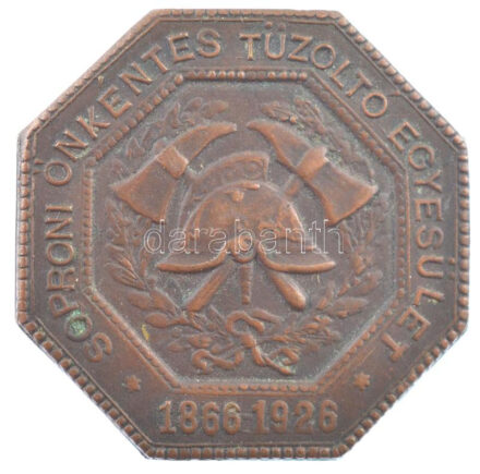 1926. '60 éves a Soproni Önkéntes Tűzoltó Egyesület 1866-1926' fém gomblyuk jelvény, hátoldalán 'Gomb gyár Sopron' gyártói jelzéssel (26x26mm) T:2 letört a hátoldaláról a rögzítő pánt