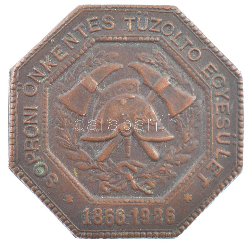 1926. '60 éves a Soproni Önkéntes Tűzoltó Egyesület 1866-1926' fém gomblyuk jelvény, hátoldalán 'Gomb gyár Sopron' gyártói jelzéssel (26x26mm) T:2 letört a hátoldaláról a rögzítő pánt