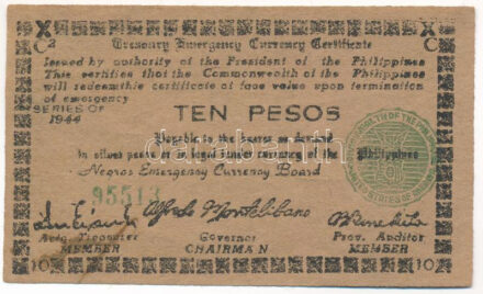 Fülöp-szigetek 1944. 10P T:III Philippines 1944. 10 Pesos C:F Krause P#S676a