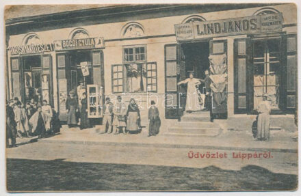 Lippa, Lipova; Harisnyakötészet, Bogoi Gyula a diákdivathoz, Lind János üzlete / shops (fl)