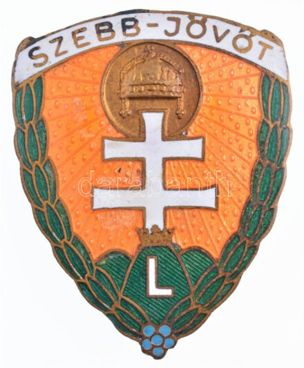 ~1940. 'Szebb Jövőt' zománcozott Br levente sapkajelvény (43x34mm) T:2 / Hungary ~1940. 'Szebb Jövőt (For a Better Future)' enamelled Br Levente cap badge (43x34mm) C:XF