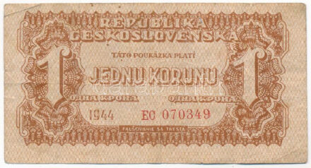 Csehszlovákia 1944. 1K 'EC 070349' T:III kis folt Czechoslovakia 1944. 1 Koruna 'EC 070349' C:F small spots Krause P#45