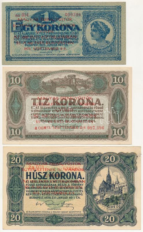 1920. 1K + 1920. 2K (2x) + 1920. 10K + 1920. 20K mind 'Magyar Éremgyűjtők Egyesületének IV. Vándorgyűlése az 1000 éves Esztergomban és a 100 éves Budapesten 1973. szeptember 8-9.' felülbélyegzéssel T:I--2 Adamo FO9.1.1, FO9.1.3,