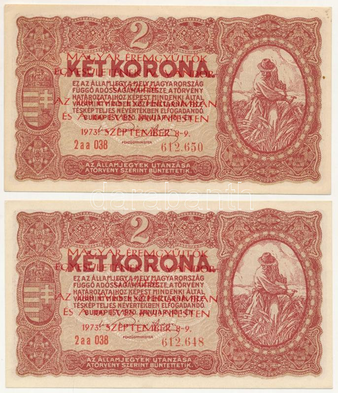 1920. 1K + 1920. 2K (2x) + 1920. 10K + 1920. 20K mind 'Magyar Éremgyűjtők Egyesületének IV. Vándorgyűlése az 1000 éves Esztergomban és a 100 éves Budapesten 1973. szeptember 8-9.' felülbélyegzéssel T:I--2 Adamo FO9.1.1, FO9.1.3, - Image 3