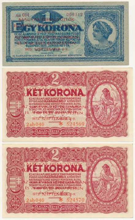 1920. 1K + 1920. 2K (2x) + 1920. 10K + 1920. 20K mind 'Magyar Éremgyűjtők Egyesületének IV. Vándorgyűlése az 1000 éves Esztergomban és a 100 éves Budapesten 1973. szeptember 8-9.' felülbélyegzéssel T:I--II Adamo FO9.1.1, FO9.1.3,