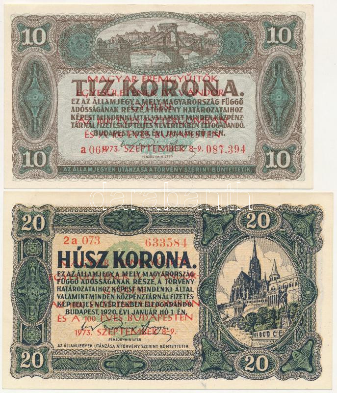 1920. 1K + 1920. 2K (2x) + 1920. 10K + 1920. 20K mind 'Magyar Éremgyűjtők Egyesületének IV. Vándorgyűlése az 1000 éves Esztergomban és a 100 éves Budapesten 1973. szeptember 8-9.' felülbélyegzéssel T:I--II Adamo FO9.1.1, FO9.1.3, - Image 3