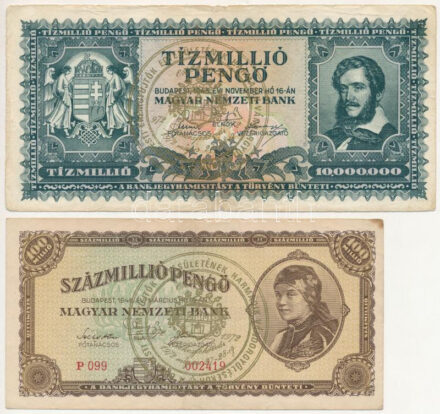 1945. 1.000.000P + 1945. 10.000.000P + 1946. 100.000.000P + 1946. 1.000.000.000P mind 'Budapesti Éremgyűjtők Egyesületének harmadik vándorgyűlésekor Székesfehérvár 1972' felülbélyegzéssel T:III Adamo FO32.2.7, FO32.1.13, FO32.2.11,