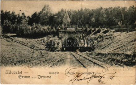 1902 Orsova, 'Ad Orientem' Temesvár-Orsovai vasúti alagút. Raichl Sándor junior kiadása / Porta-Orientalis Tunnel / railway tunnel (fa)